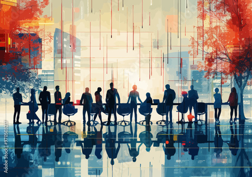 Large Business Group Collaborating in Modern Office Environment with Futuristic Technology, Busy Downtown Setting at Sunset, Reflection, Teamwork, Innovation, Productivity, Growth