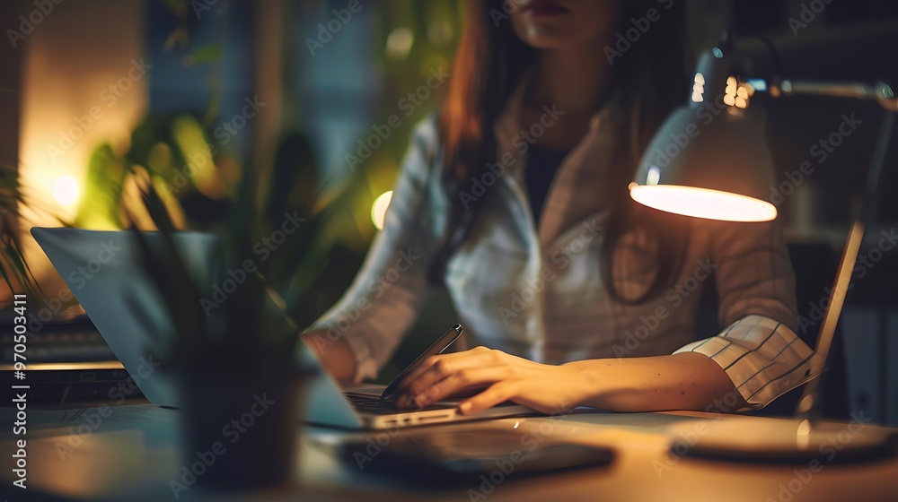 Businesswoman Working Late with a Desk Lamp On, Business Theme, Portrait Shot, Working Late, Desk Lamp Businesswoman Working Late with a Desk Lamp On, Business Theme, Portrait Shot, Working Late, Desk Lamp