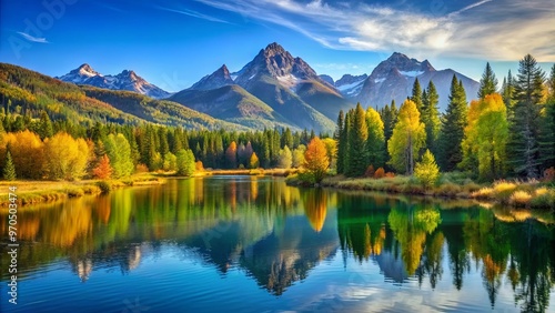 Vibrant and serene nature landscape background with mountains, forests, and a clear blue sky