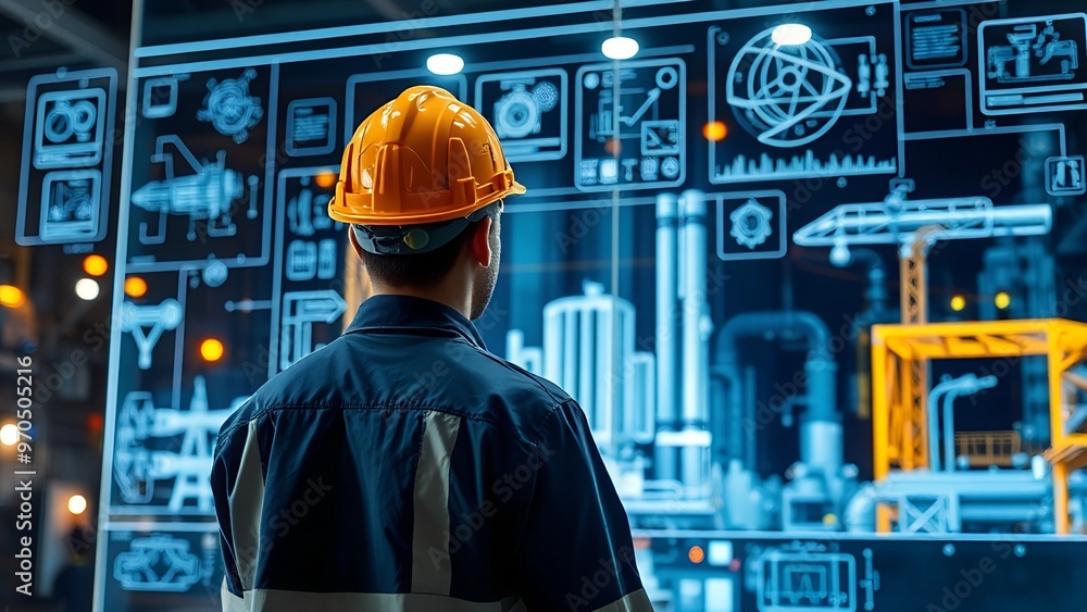 Industrial Professional Examines Holographic Engineering Display in High-Tech Setting Industrial Professional Examines Holographic Engineering Display in High-Tech Setting
