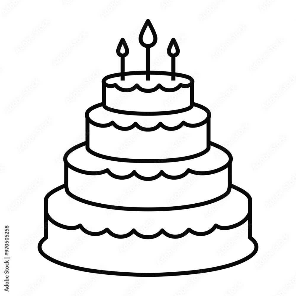 Tiered birthday cake with candles line icon. Kid coloring page Tiered birthday cake with candles line icon. Kid coloring page