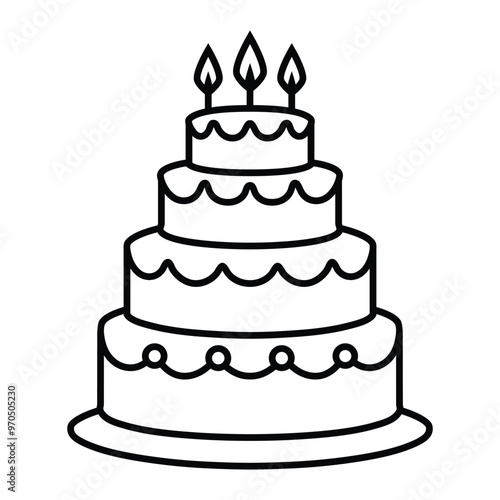Tiered birthday cake with candles line icon. Kid coloring page