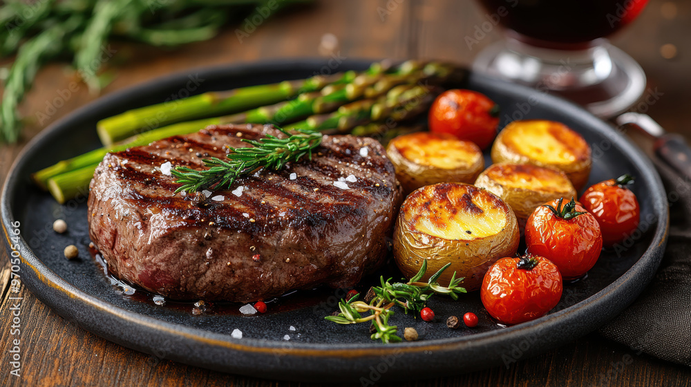 Tasty steak with asparagus and coloured pepper and accompanied by a glass of wine. AI generative. Tasty steak with asparagus and coloured pepper and accompanied by a glass of wine. AI generative.