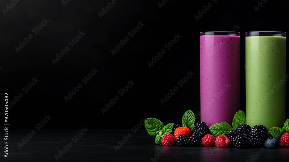 Pink and green smoothies with mixed berries on dark background with copy space Pink and green smoothies with mixed berries on dark background with copy space