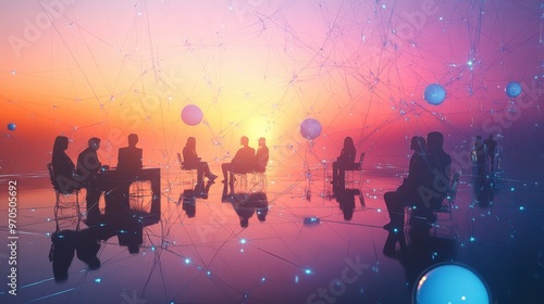 Silhouettes of people gathered around a table against a vibrant sunset with floating orbs. A surreal and mystical scene.