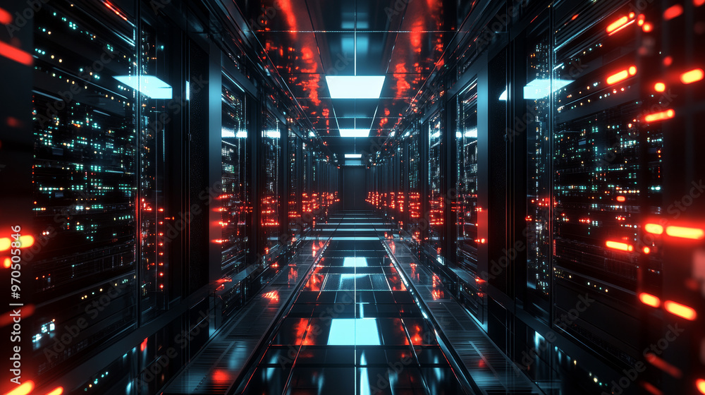 A computer server room with lots of equipment, lit by bright LEDs, creating reflections in the dark. It's a computer-generated image.360 degree-view A computer server room with lots of equipment, lit by bright LEDs, creating reflections in the dark. It's a computer-generated image.360 degree-view