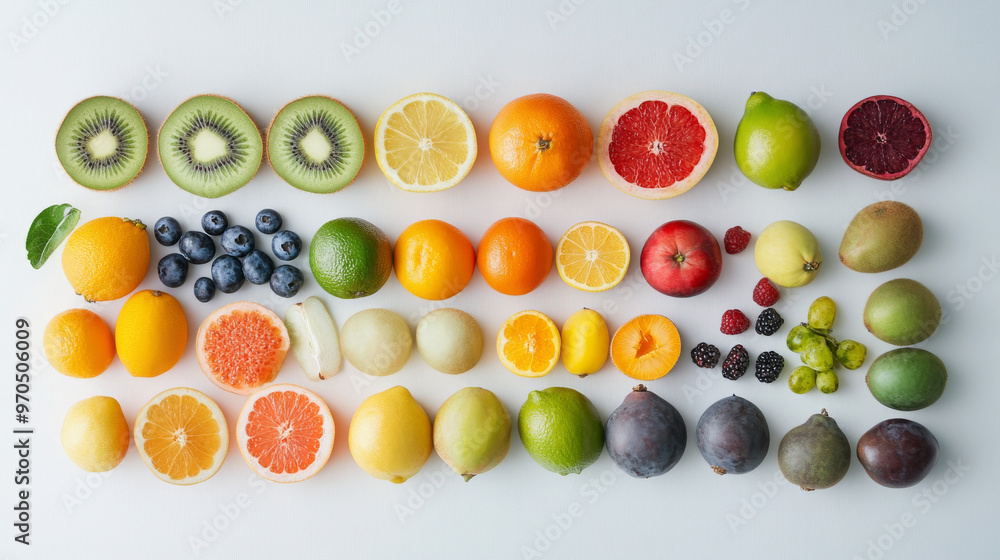 A collection of different fresh fruits arranged on a plain white surface. A collection of different fresh fruits arranged on a plain white surface.