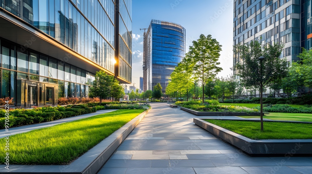 Fototapeta premium Modern Office Buildings with Greenery and Stone Pathway