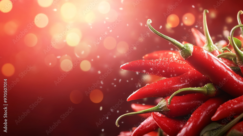 A dark red background with spicy peppers, set against a blurry, colorful backdrop. Perfect for advertising breakfast, lunch, or dinner. A dark red background with spicy peppers, set against a blurry, colorful backdrop. Perfect for advertising breakfast, lunch, or dinner.