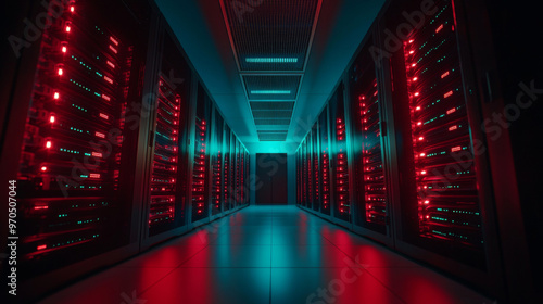 A dark server room filled with servers storing information in the cloud. Bright lights from the servers illuminate the room, showcasing the technology behind data storage and hosting services.