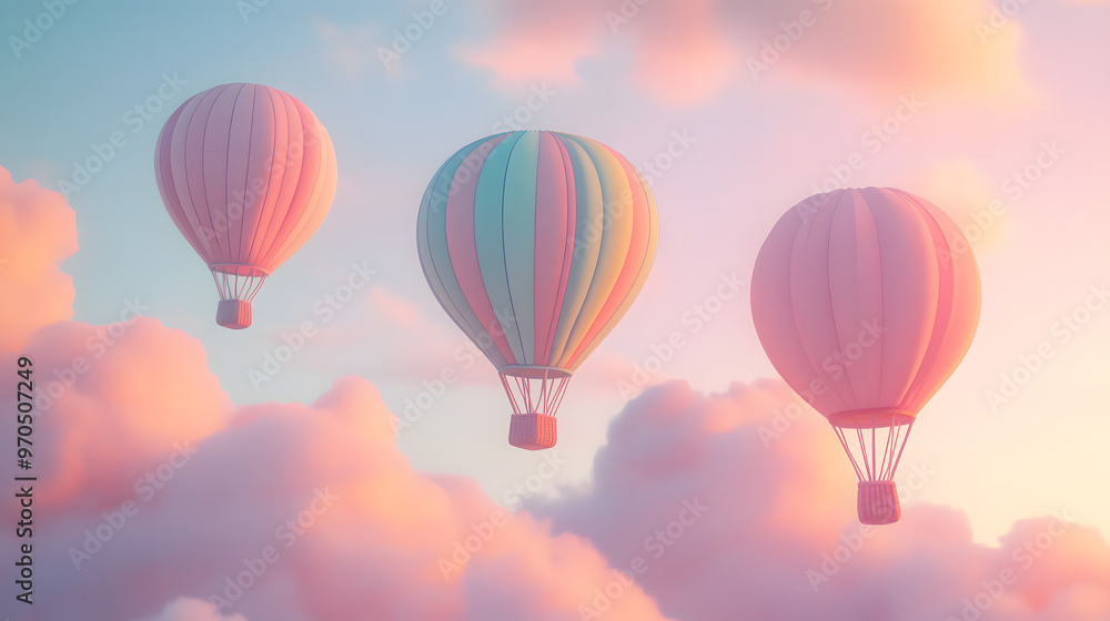 Naklejka premium Three pastel colored hot air balloons in a light blue sky with light pink clouds. Travel with style concept. 