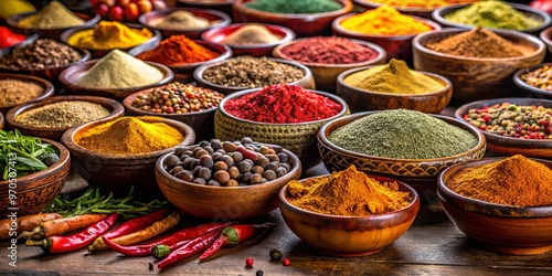 Colorful display of Indian spices in earthen bowls