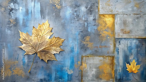 Vibrant abstract oil painting with gold maple leaf accents in gray and periwinkle blue tones, featuring square shapes photo