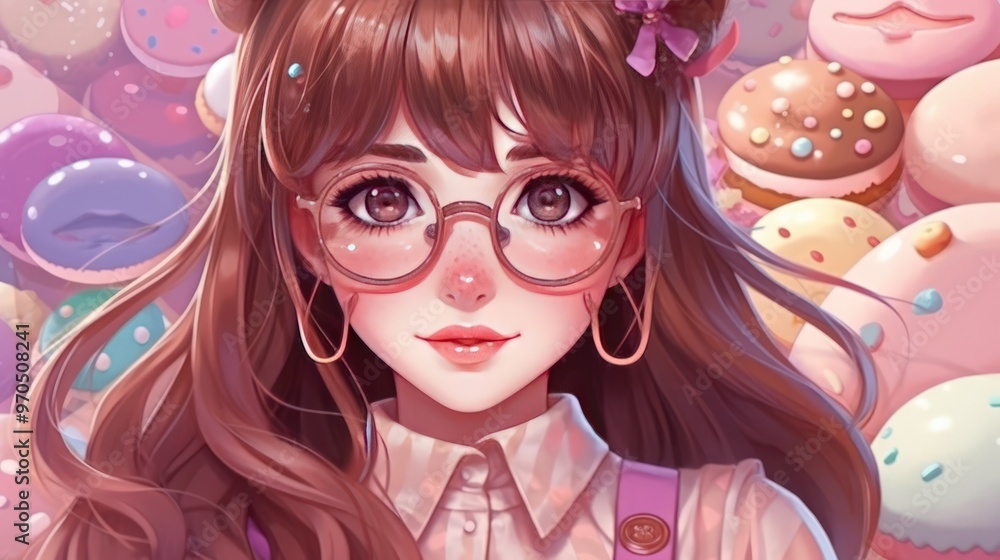 A close-up portrait of a young woman with long brown hair, wearing glasses and a pink bow, surrounded by colorful donuts.
