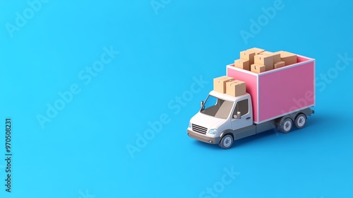 Colorful delivery truck with boxes, ideal for logistics, shipping, or transportation themed projects on a vibrant blue background. photo