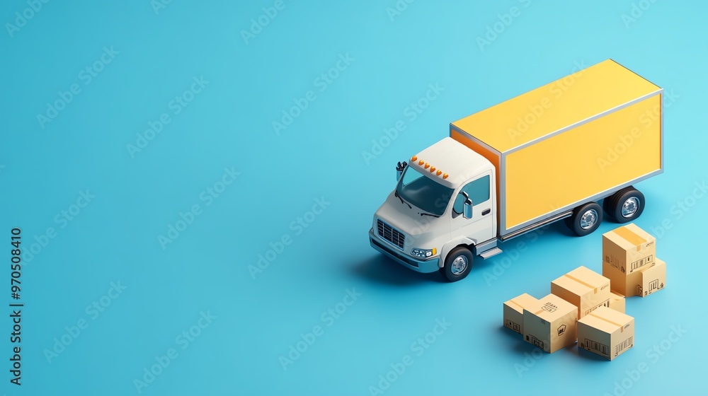 A yellow delivery truck with cardboard boxes on a blue background, symbolizing logistics, transportation, and shipping services. A yellow delivery truck with cardboard boxes on a blue background, symbolizing logistics, transportation, and shipping services.
