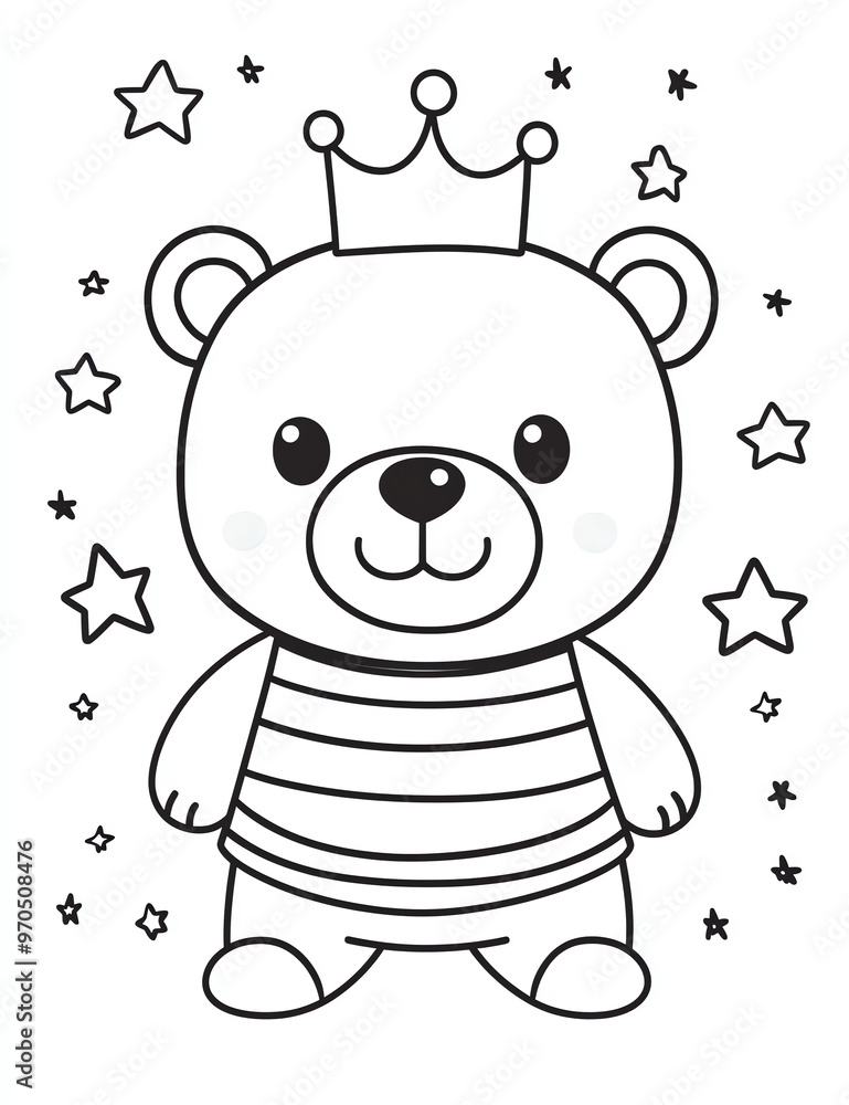 Cute bear with a crown, wearing a striped shirt and surrounded by stars. Cute bear with a crown, wearing a striped shirt and surrounded by stars.