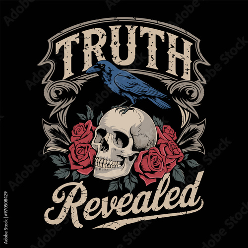 Vintage Skull and Crow with Roses Vector Illustration