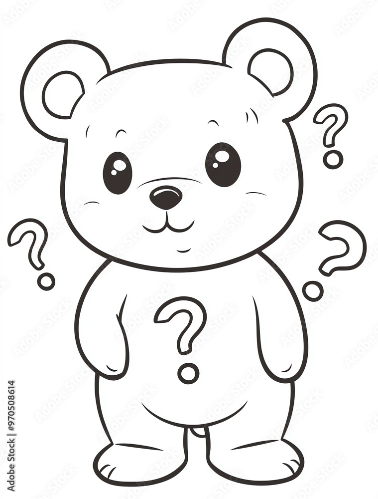 Cute bear with question marks, simple line art coloring page for kids, kawaii style, no shading, white background Cute bear with question marks, simple line art coloring page for kids, kawaii style, no shading, white background