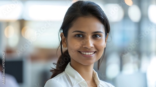 Confident Young Indian Businesswoman in Office, Smiling, Business Theme, Portrait Shot, Plain Office Background, Office, Smiling