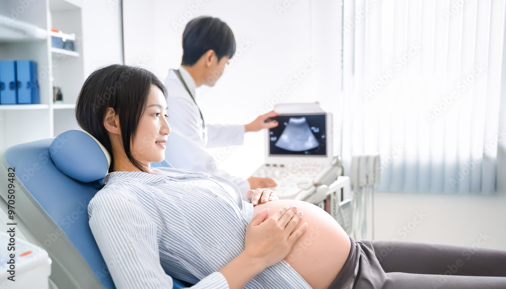 エコー検診する妊婦さん エコー検診する妊婦さん