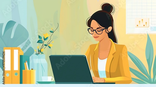 Colorful illustration of a businesswoman using a laptop for analysis, showcasing technology and business efficiency with a portrait shot