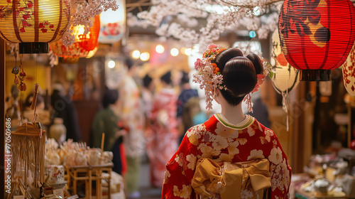 A puppet market during a festival in ancient Japan, traditional Japanese puppets, kimonos, paper lanterns, tea stalls, cherry blossom trees, and traditional music performances photo