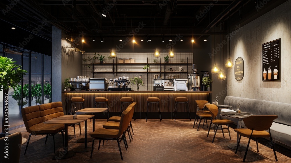 Create an image of a modern coffee shop with a cozy, intimate atmosphere. Create an image of a modern coffee shop with a cozy, intimate atmosphere.