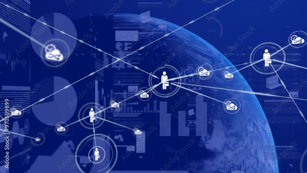 Animation of network of connections with people icons over globe, financial data processing Animation of network of connections with people icons over globe, financial data processing