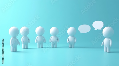 A group of 3D figures stand in a line, with one figure speaking to the others. The background is a light blue color.