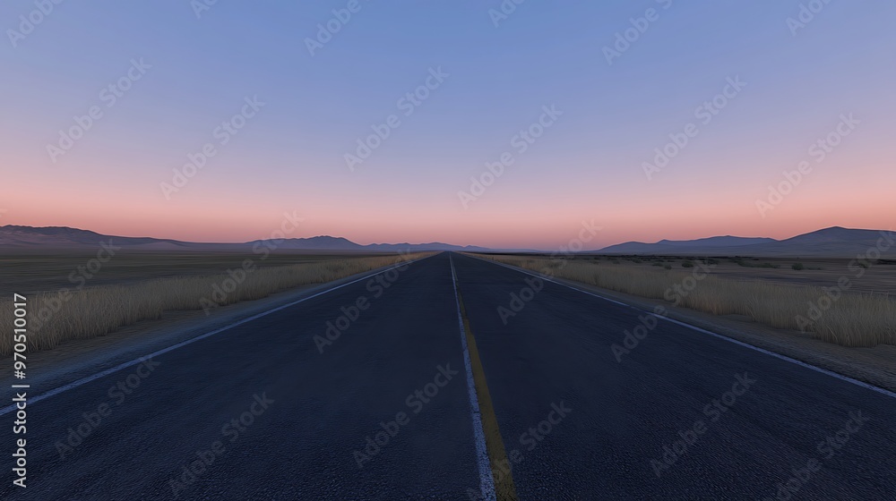 A Straight Asphalt Road Leading Towards Distant Mountains Under a Pink Sunset Sky A Straight Asphalt Road Leading Towards Distant Mountains Under a Pink Sunset Sky