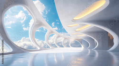 A futuristic building interior with a wide, panoramic view of the sky and clouds. The empty space is designed with a modern, abstract style, like something you'd see in a virtual reality experience. photo