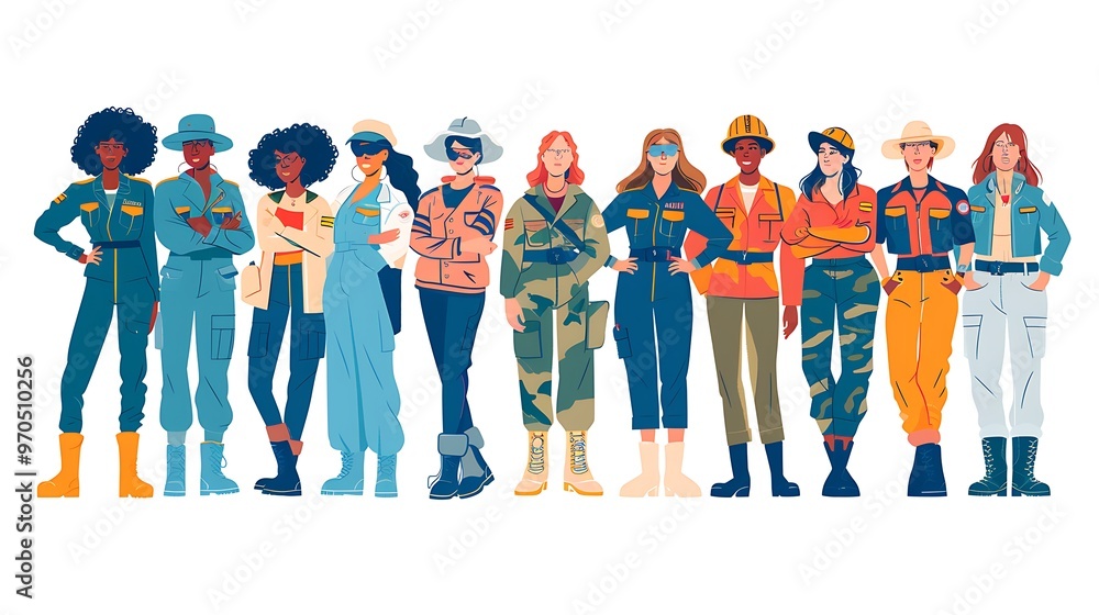 Obraz premium Diverse Women in Various Uniforms, Group Portrait Shot, Illustration Style, Diversity Concept, Various Uniforms
