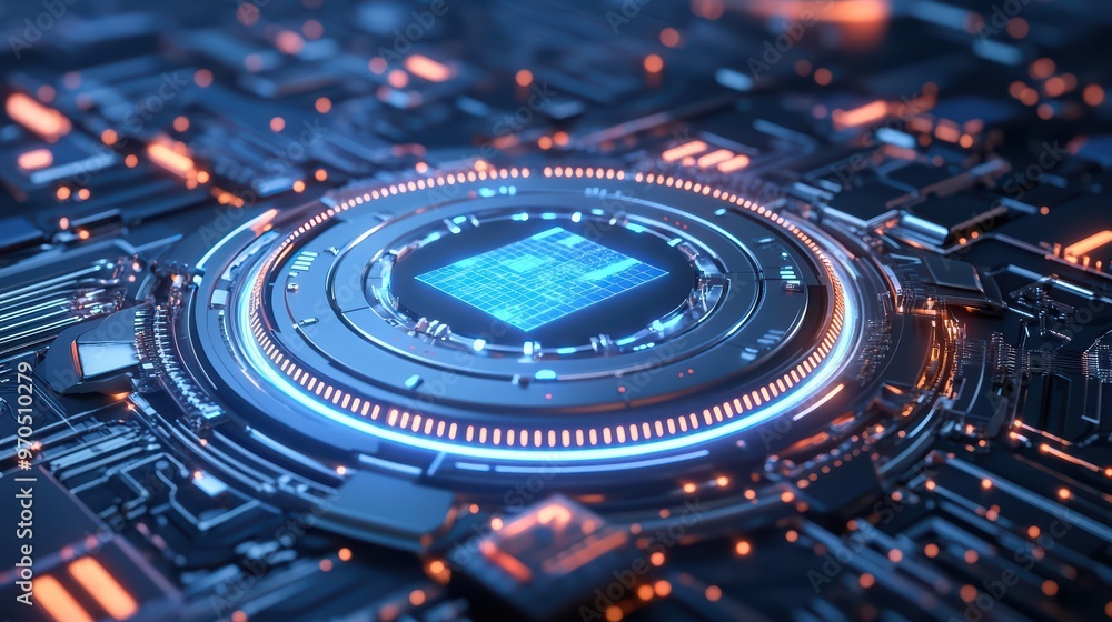 Fototapeta premium An abstract visualization of a microchip on a circuit board with glowing elements, symbolizing advanced technology and innovation.