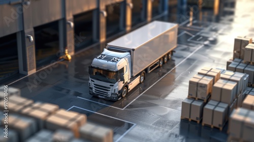 a delivery truck unloading packages at a warehouse, representing the conveyance of goods. photo