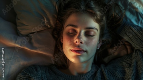 A woman is lying down in bed with her eyes shut, showing a moment of rest and relaxation. The room is dimly lit, and she appears calm and peaceful, panorama