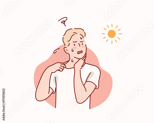 exhausted and sweaty young woman in sportswear is fighting the heat wave. Hand drawn style vector design illustrations.