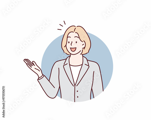 material of a woman in a suit who guides with a smile. Hand drawn style vector design illustrations.
