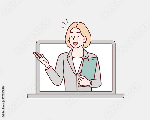 material of a woman in a suit who guides with a smile. Hand drawn style vector design illustrations.