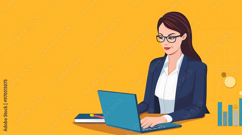 Colorful illustration of a businesswoman reviewing data charts, highlighting business analysis in a vibrant and professional setting with a portrait shot Colorful illustration of a businesswoman reviewing data charts, highlighting business analysis in a vibrant and professional setting with a portrait shot