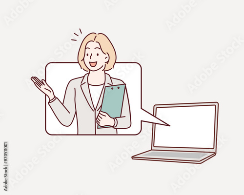 material of a woman in a suit who guides with a smile. Hand drawn style vector design illustrations.