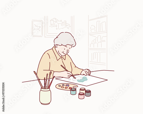 Senior woman coloring picture. Hand drawn style vector design illustrations.