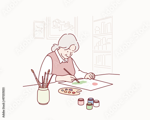 Senior woman coloring picture. Hand drawn style vector design illustrations.