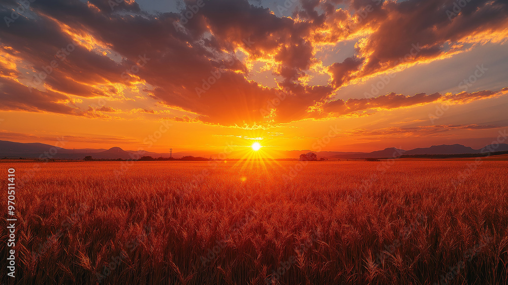 Sunset over Wheat Field with Dramatic Sky Sunset over Wheat Field with Dramatic Sky