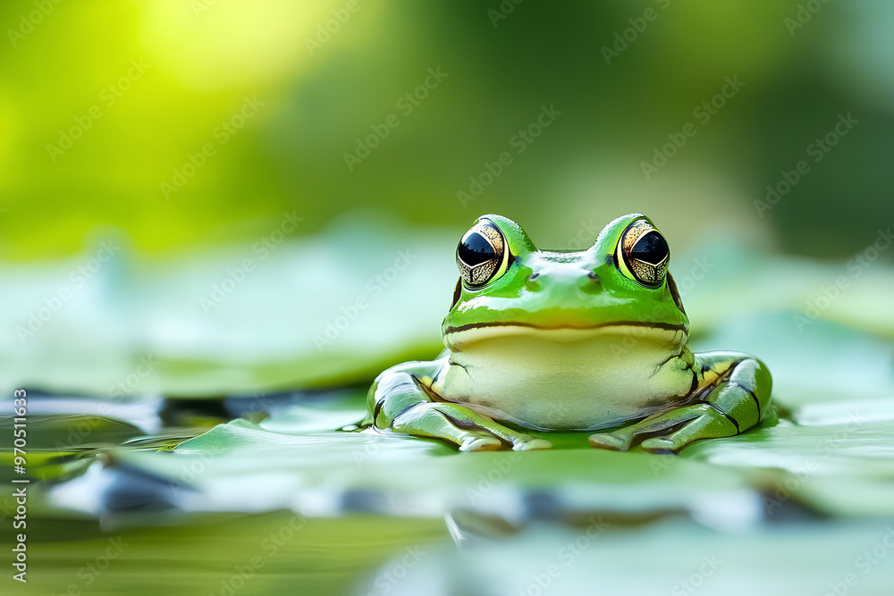A close-up of a green frog resting on lily pads in a serene aquatic environment. A close-up of a green frog resting on lily pads in a serene aquatic environment.