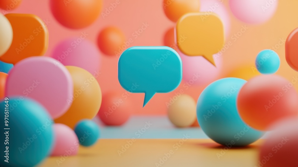Abstract 3D rendering of colorful spheres and speech bubbles floating in mid-air, representing communication and social interaction. Abstract 3D rendering of colorful spheres and speech bubbles floating in mid-air, representing communication and social interaction.