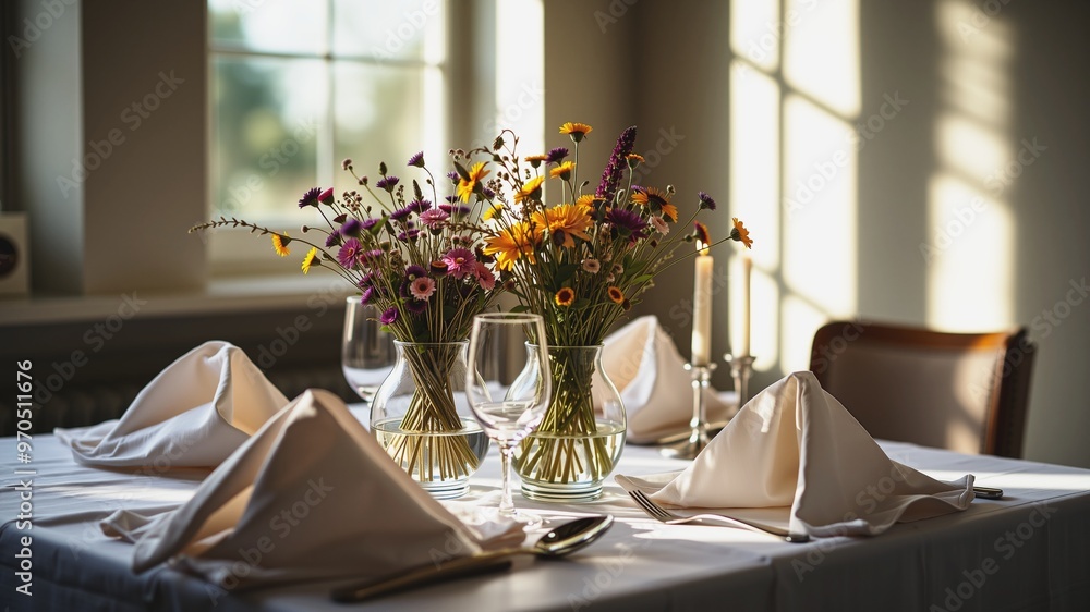 Elegant Dinner Setting With Flowers , A beautifully set dining table with a crisp white tablecloth, folded napkins, and two wine glasses filled with water and delicate flowers. Elegant Dinner Setting With Flowers , A beautifully set dining table with a crisp white tablecloth, folded napkins, and two wine glasses filled with water and delicate flowers.