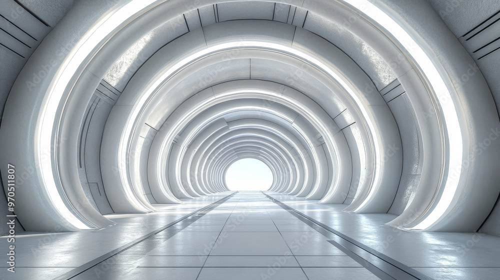 A futuristic hall with a round, geometric arch ceiling. The scene is a 3D rendering showing a complete, panoramic view.360 degree-view A futuristic hall with a round, geometric arch ceiling. The scene is a 3D rendering showing a complete, panoramic view.360 degree-view