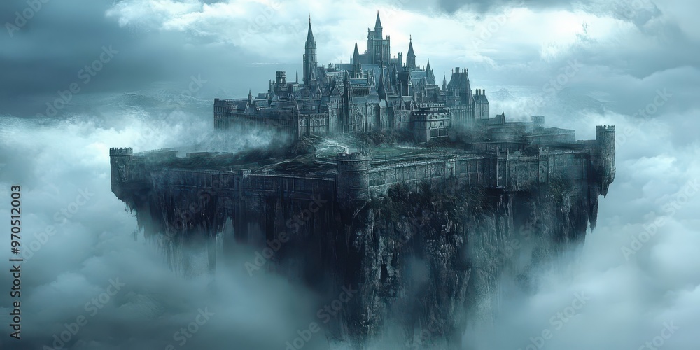 Naklejka premium Floating castle spiraling mist bending reality