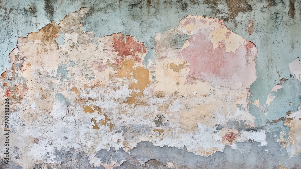 Fototapeta premium Abstract grunge texture of a weathered wall with peeling paint in shades of blue, pink, and yellow.